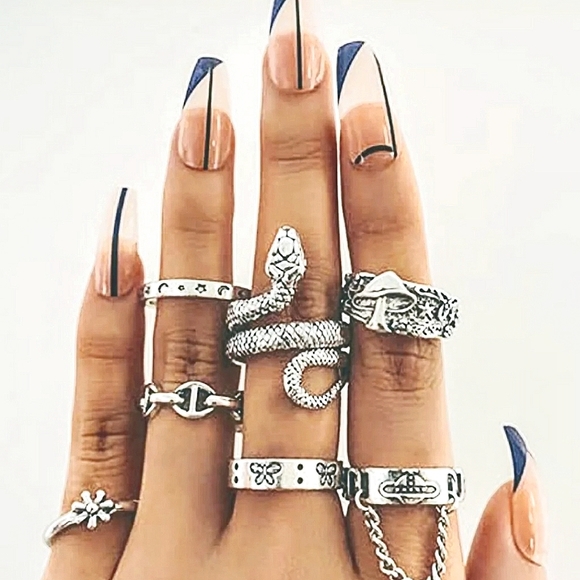 Fashion Jewelry Jewelry - Lot #6: 7pc Mystic Silver Metal Stackable Finger Knuckle Wrap Rings